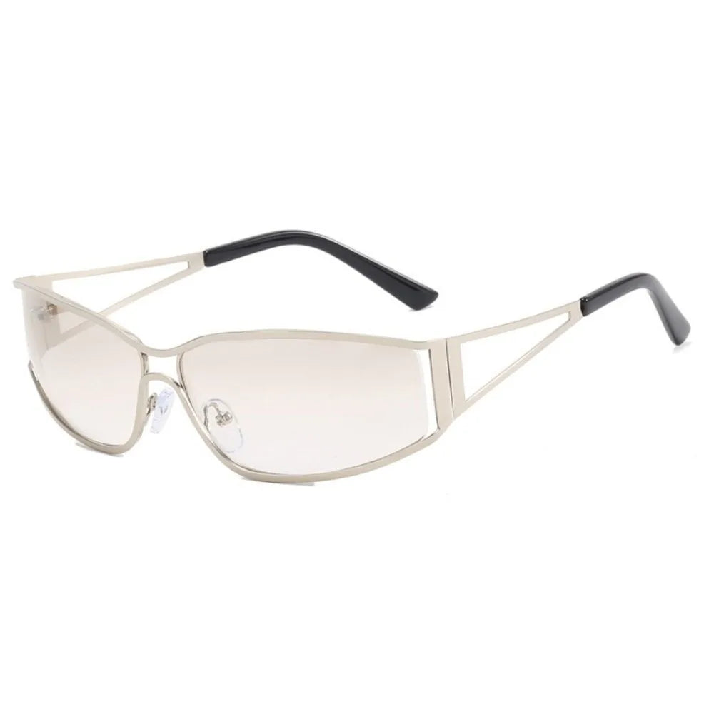 Vintage Y2k Frameless Sunglasses Metal Steampunk Rimless Oval Sunglasses Gradient Solid Color Fashion Shades Driving Qme Silver Black