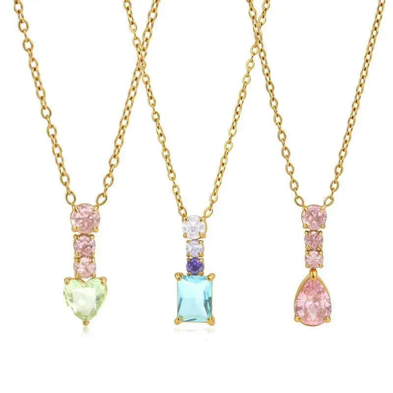 Sweet Color Gold PVD Plated Necklace Women Geometric Zircon Heart Pendant Elegant Jewelry for Office Daily Wear Qme