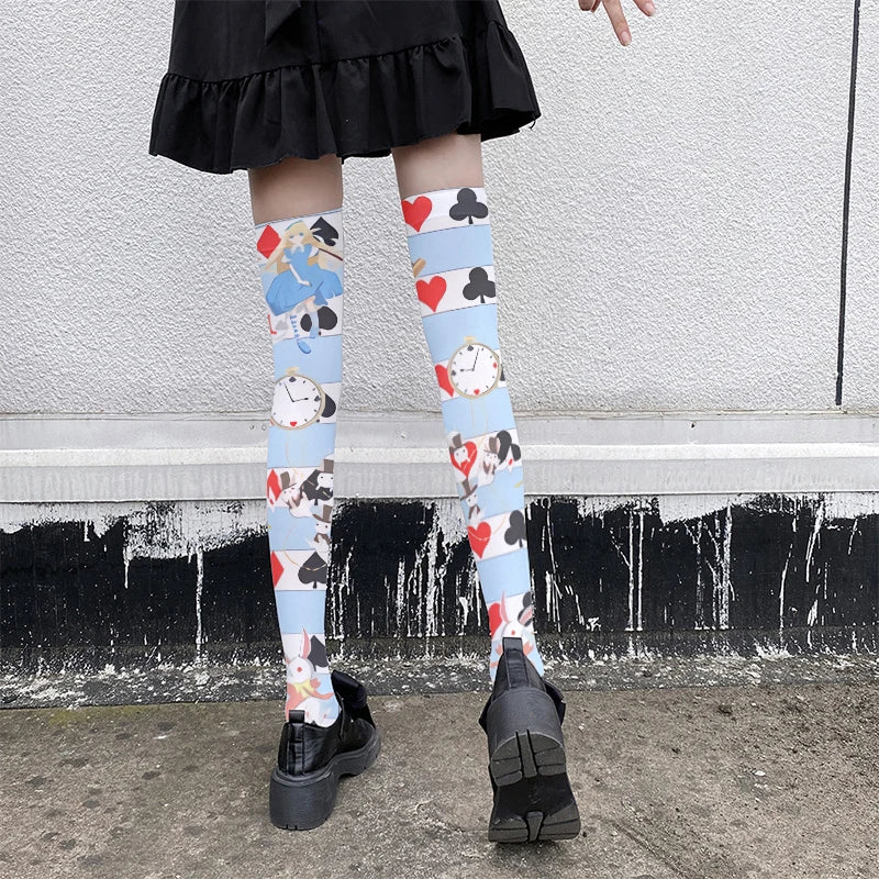 Funny Alice Striped Fashion Print Lolita JK Cute Girl Over Knee Qme