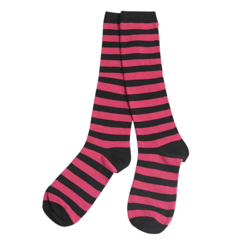 Women Black White Stripe Knee Socks Sweet Lolita Harajuku Stocking Qme CORAL RED One Size