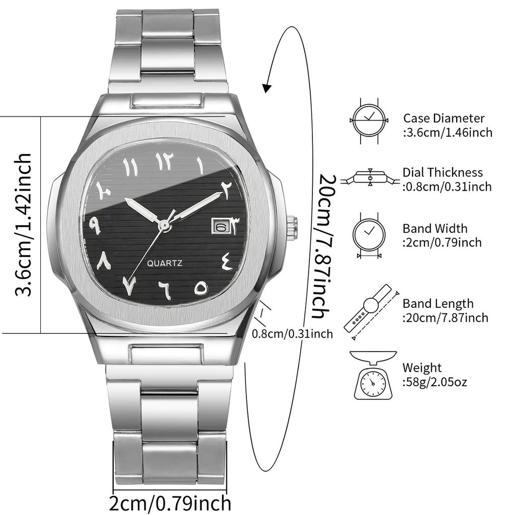 Men's Silver Watch and Bracelet Combo Set, Blue Dial Arabic Numeral Quartz Watch + Cuban Bracelet, Perfect Gift Qme