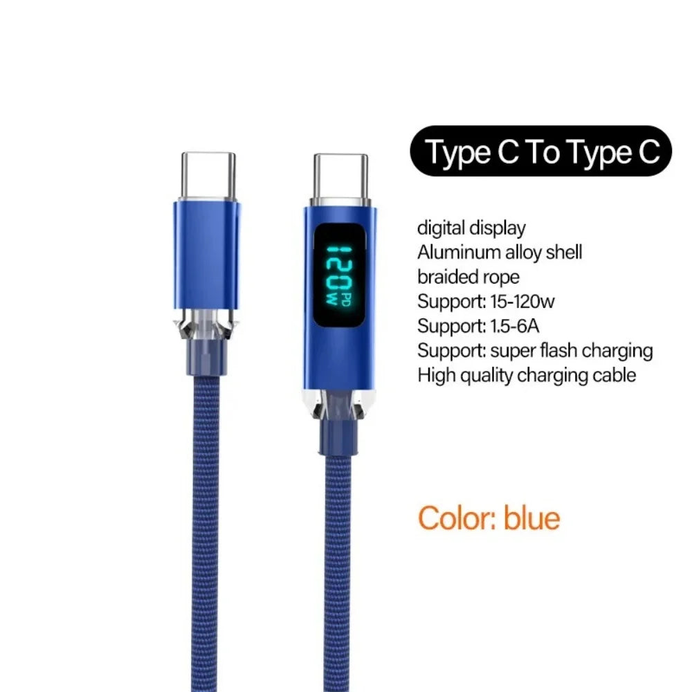 120W Digital Display USB Type C Fast Charging Wire Nylon Braided Dual USB-C Data Cable PD Quick Charge for IPhone 16 Pro Samsung Qme Blue 1.5m