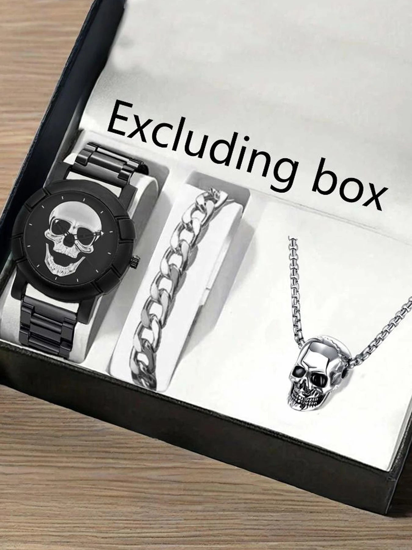 1pcs Fashion Large Dial Cool Skull Trendy Men's Watch Business and 1pcs Bracelet 1pcs Skull Necklace Qme Black Silver Set