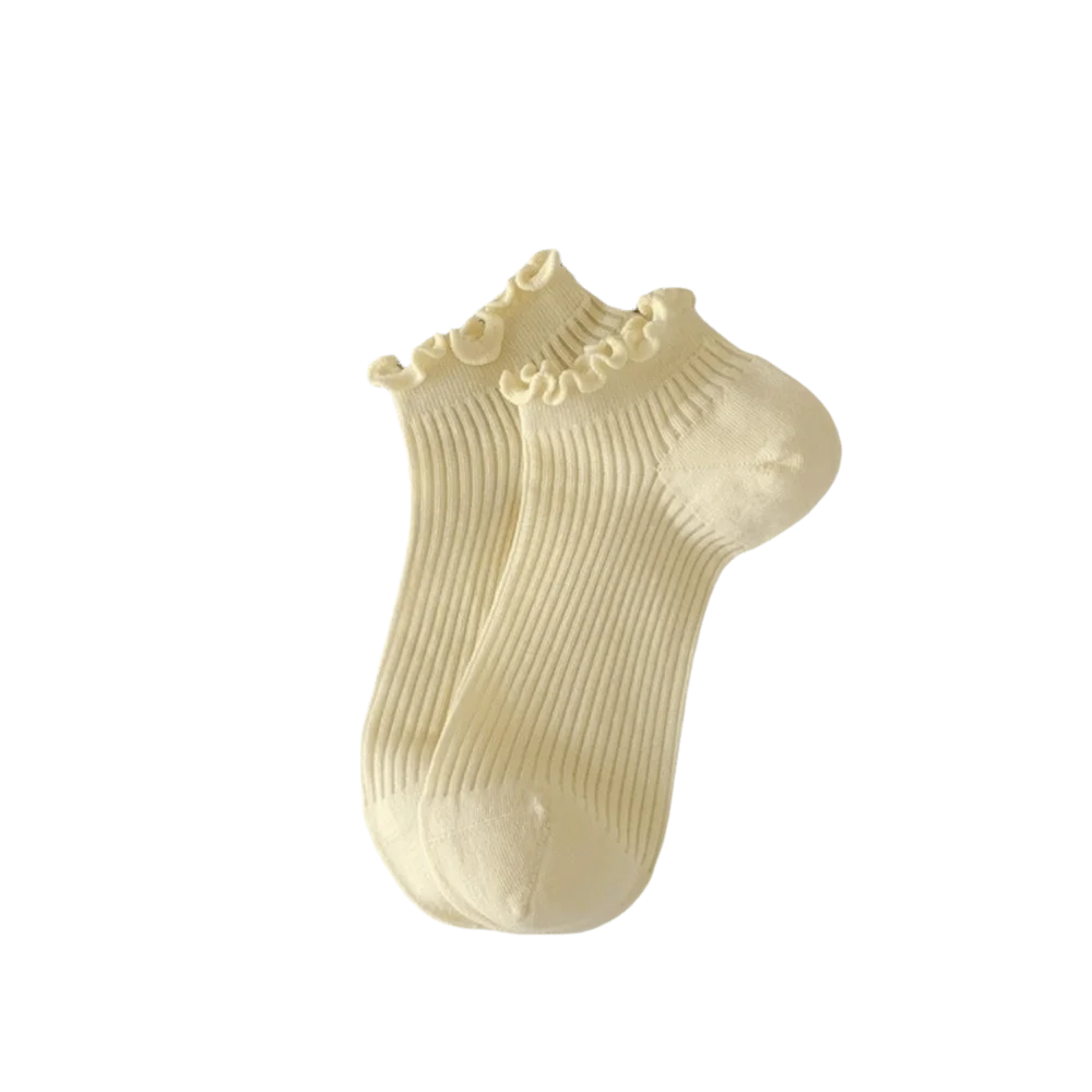 Korean Fashion Candy Ankle Socks Ruffle Mid-calf Women's Breathable Qme Yellow One Size