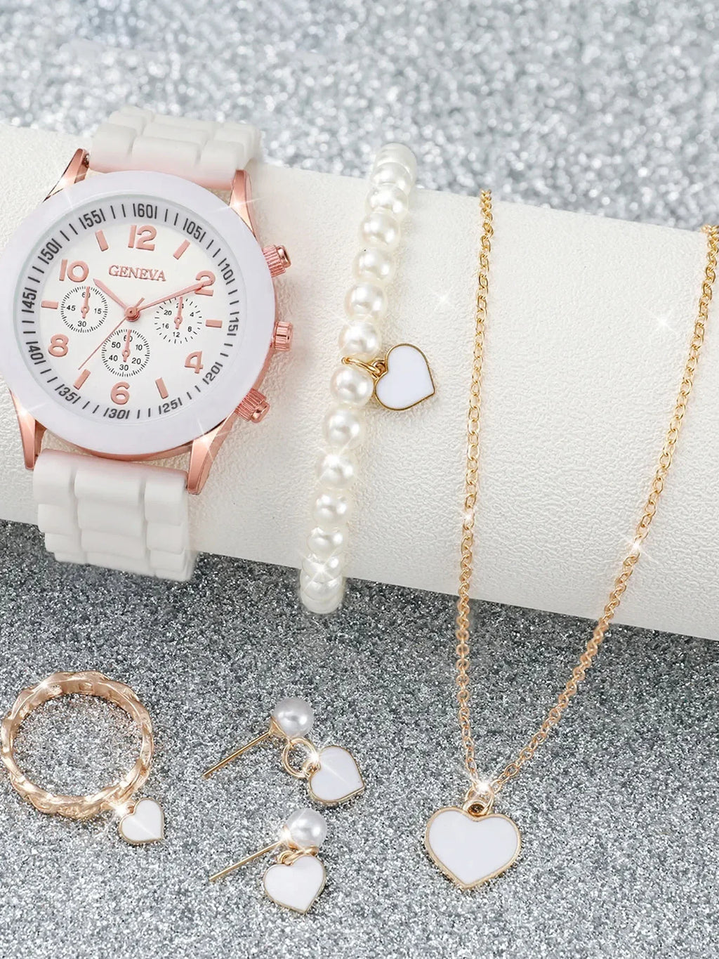 6PCS Women's Watch Fashion Silicone Band Quartz Watches Pearls Heart Jewelry Set（Without Box） Qme