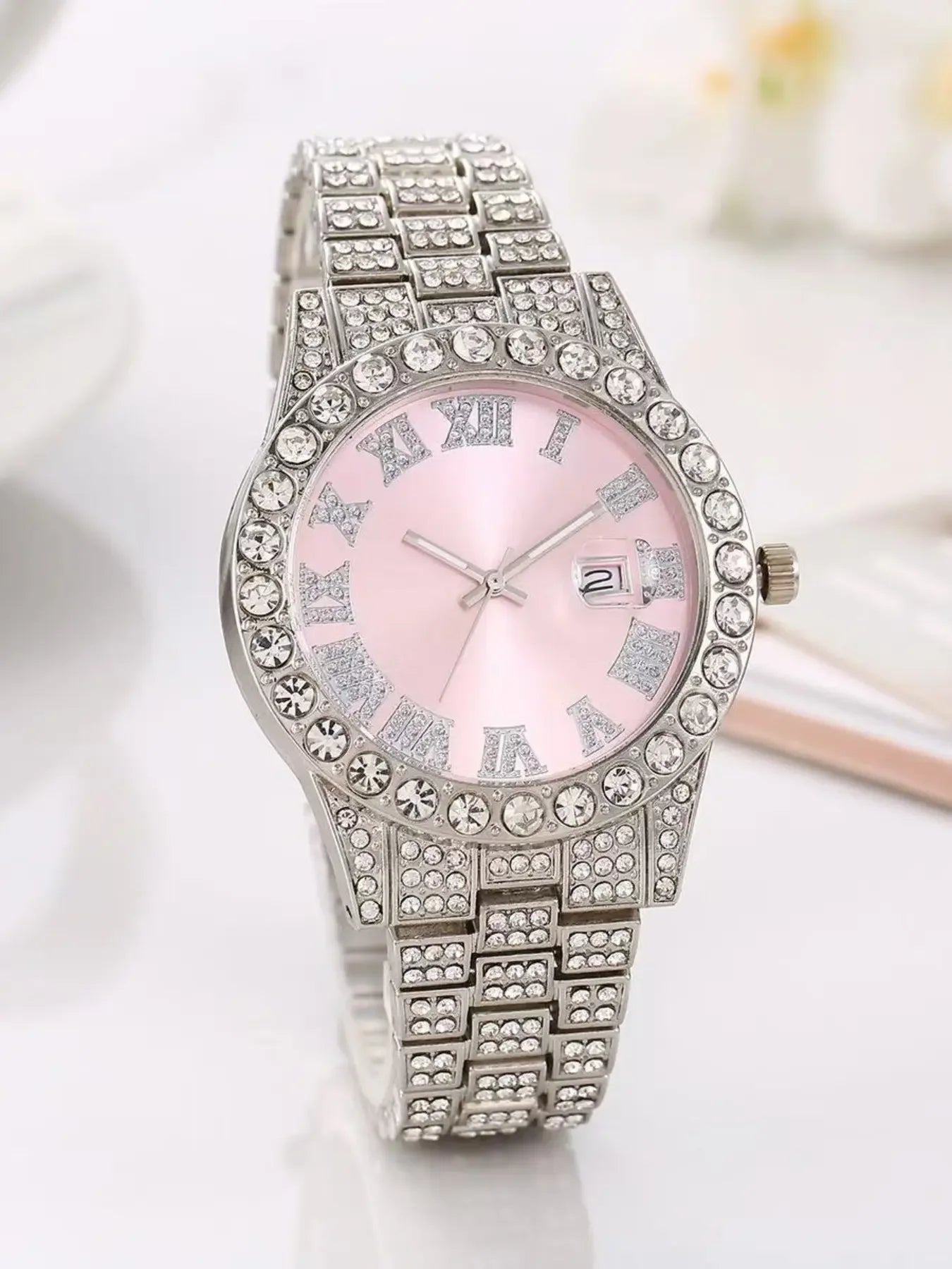 Trendy Silver Plated Full Diamond Women Quartz Watch Multipack Pink White Rhinestone Cuban Bracelet Cross Necklace Street Jewelr Qme
