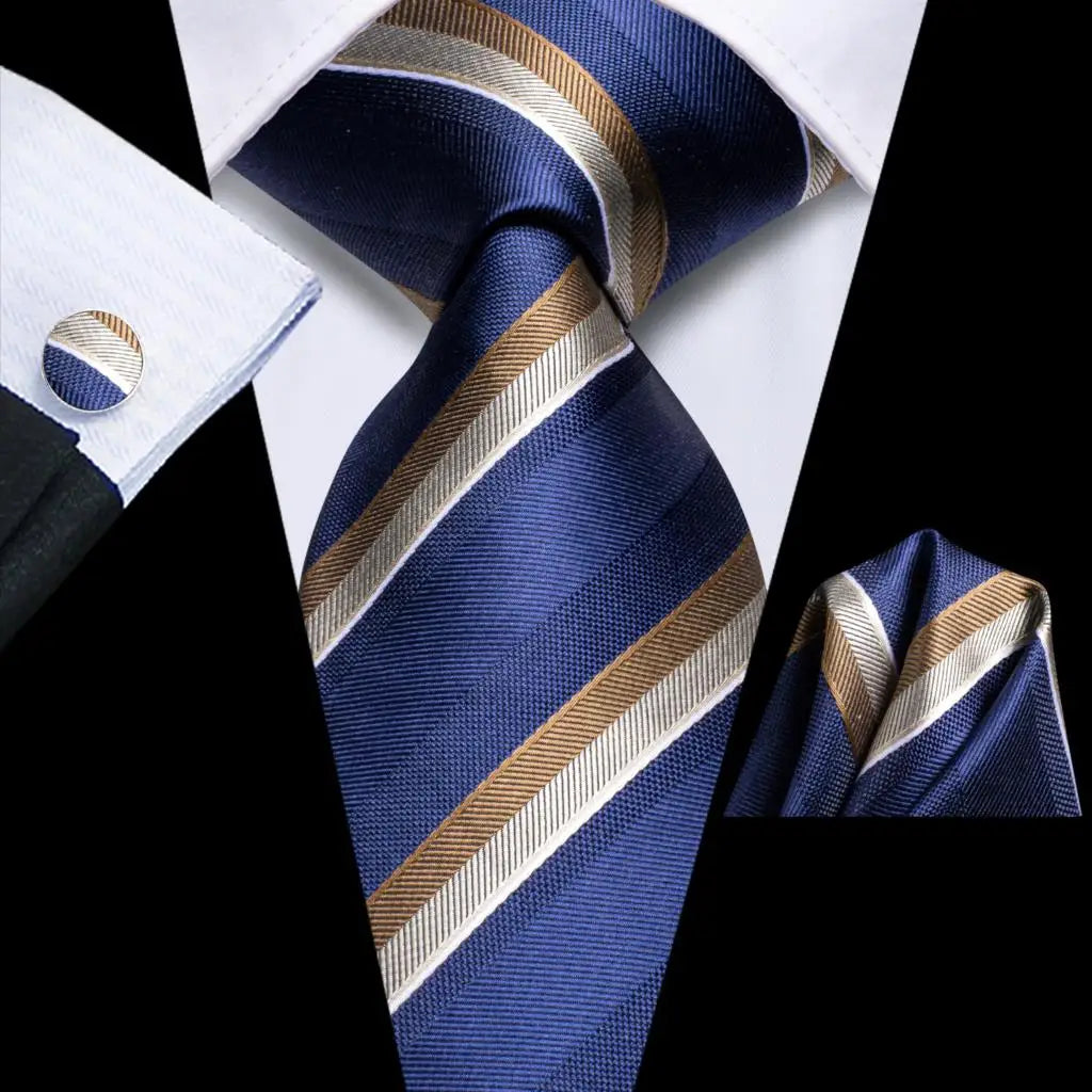 Hi-Tie Striped Navy Blue Mens Fashion Necktie Handkerchief Cufflinks for Tuxedo Accessory Classic Silk Luxury Tie for Man Gift Qme SN-3789