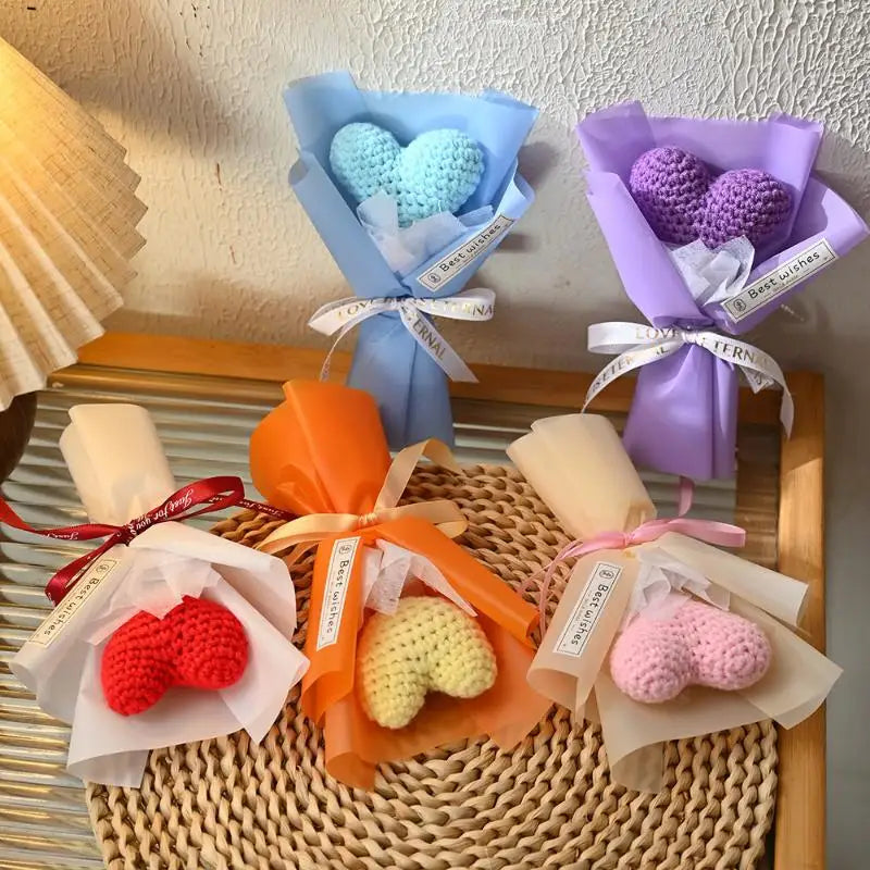 Mini Handmade Yarn Flower Bouquet Crochet Heart Valentine's Day Qme