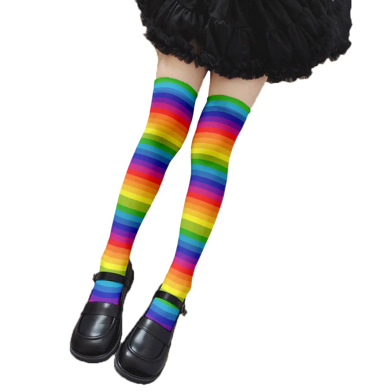 Fun Rainbow Striped Stockings Women's Sexy Fashion Multicolor Thigh Qme style7 One Size