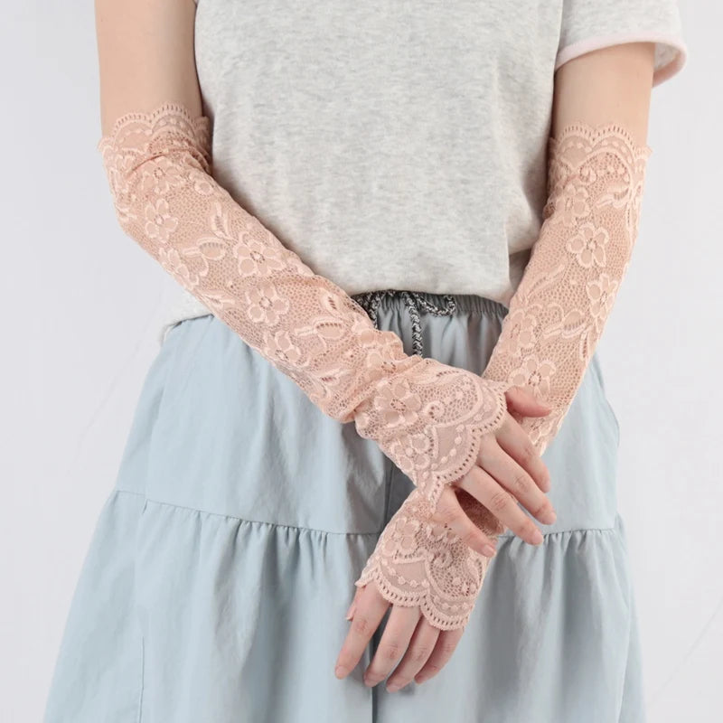 Women Long Lace Fingerless Gloves Flower Sun Protection Arm Sleeves Qme Pink One Size