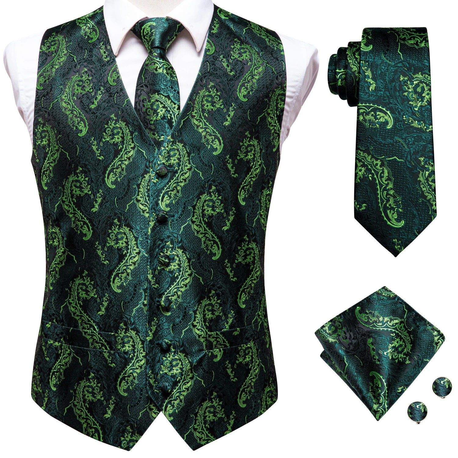 Hi-tie Mens Suit Vests Necktie Hankerchief Cufflinks Silk Slim Fit Qme