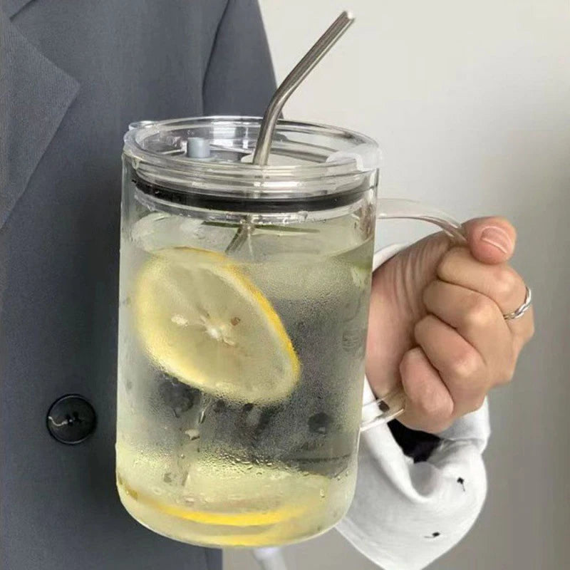 Drinking Glass Tumbler Lid Straw Coffee Cup Mug Milk Juice Qme