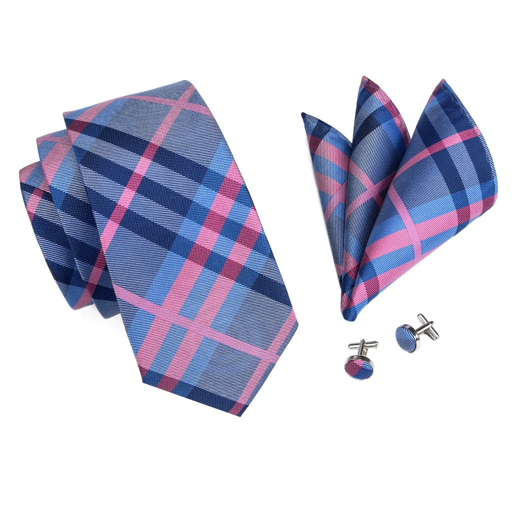 Mens Necktie Luxury Wide Blue Purple Plaid Silk Wedding Tie Pocket Qme