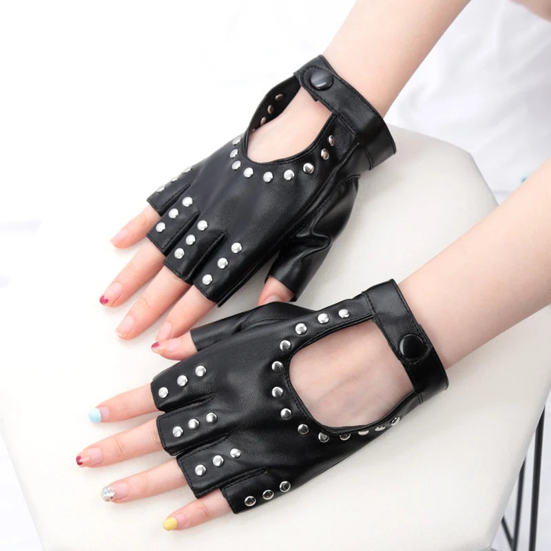 Unisex Y2K Gothic Lolita Black Fingerless Gloves Motor Cool Rivet Qme