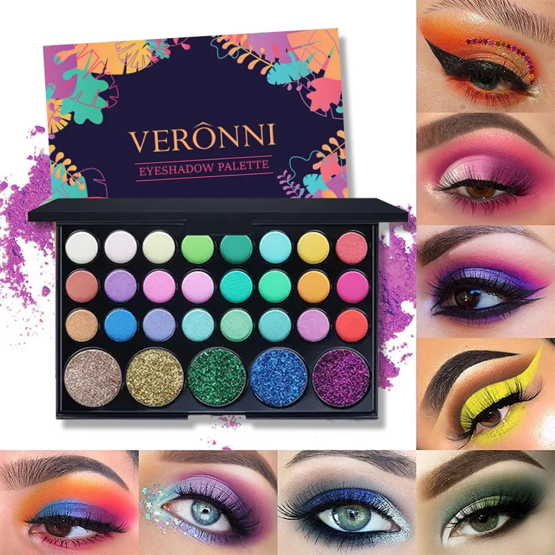 29 Colors Matte Shimmer Eyeshadow Palette Vibrant Neon Nude Glitter Qme