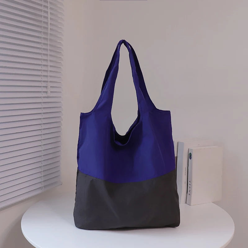 Color-block Patchwork Foldable Shopping Bag Eco-friendly Large Capacity Portable Waterproof Shoulder Bag Qme Royal blue one size