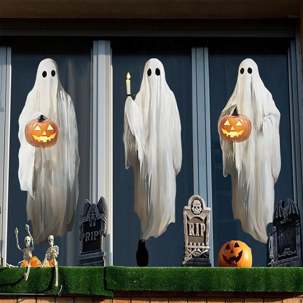 Halloween Window Stickers 3 Sheets Ghost Holding Pumpkin Candle Clings Reusable Spooky Extra Large Sticker Decor For Kid Office Qme