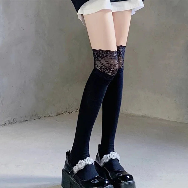 Boot Socks Autumn Winter Solid Thigh Lace Cute Lolita Thick Warm Qme black One Size