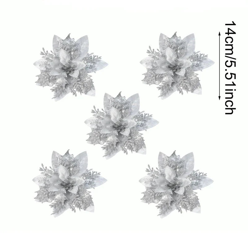 Glitter Christmas Flowers Xmas Tree Ornaments Christmas Decorations for Home 2025 Navidad Noel Natal Gifts New Year 2026 Qme Silver 5PCS