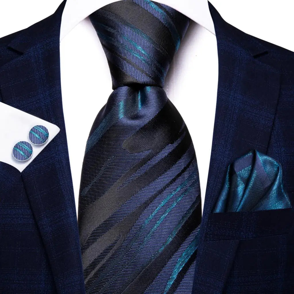 Black Red Striped Wedding Tie Men Handky Cufflink Necktie Fashion