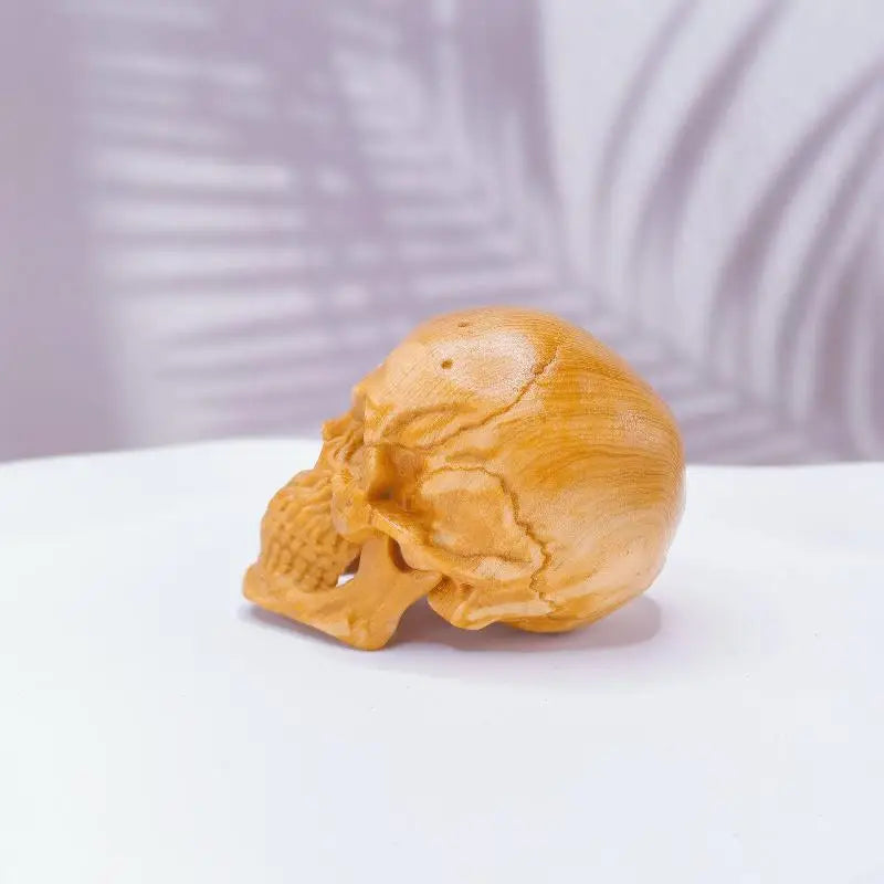 Car Bar Decoration Natural Cypress Engrave Skull Decor Small Statue Qme