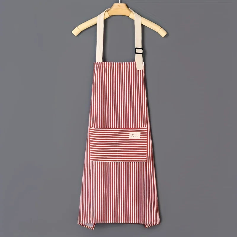 Striped Cotton Linen Apron, Adjustable Neck Strap, Kitchen Cooking Apron With Pocket, For Women Men Qme Pink 1pc