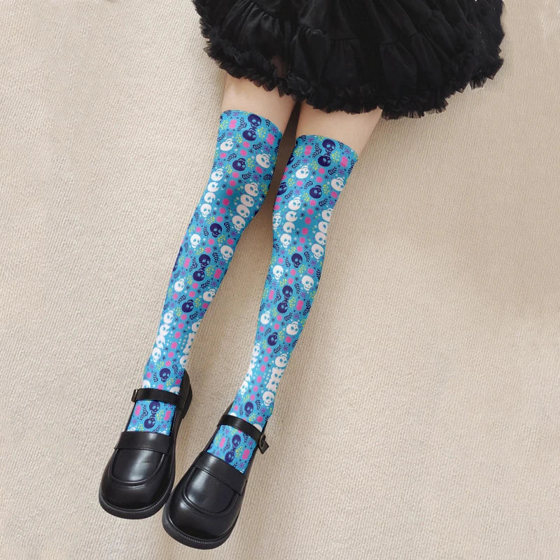 Fun Skull Pattern Women's Long Stockings Fashion Printing Trend Qme style6 One Size