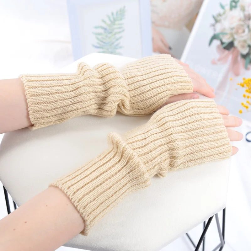Women Long Fingerless Gloves Fashion Winter Warmer Mitten Arm Sleeve Qme Beige length 30cm