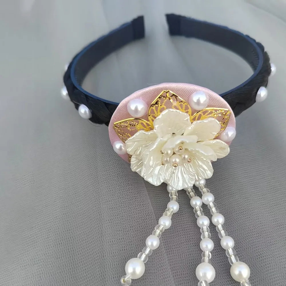 Fashion Flower Korean Headband Tassel Beaded Hanbok Hairband Pearl Qme Light Pink