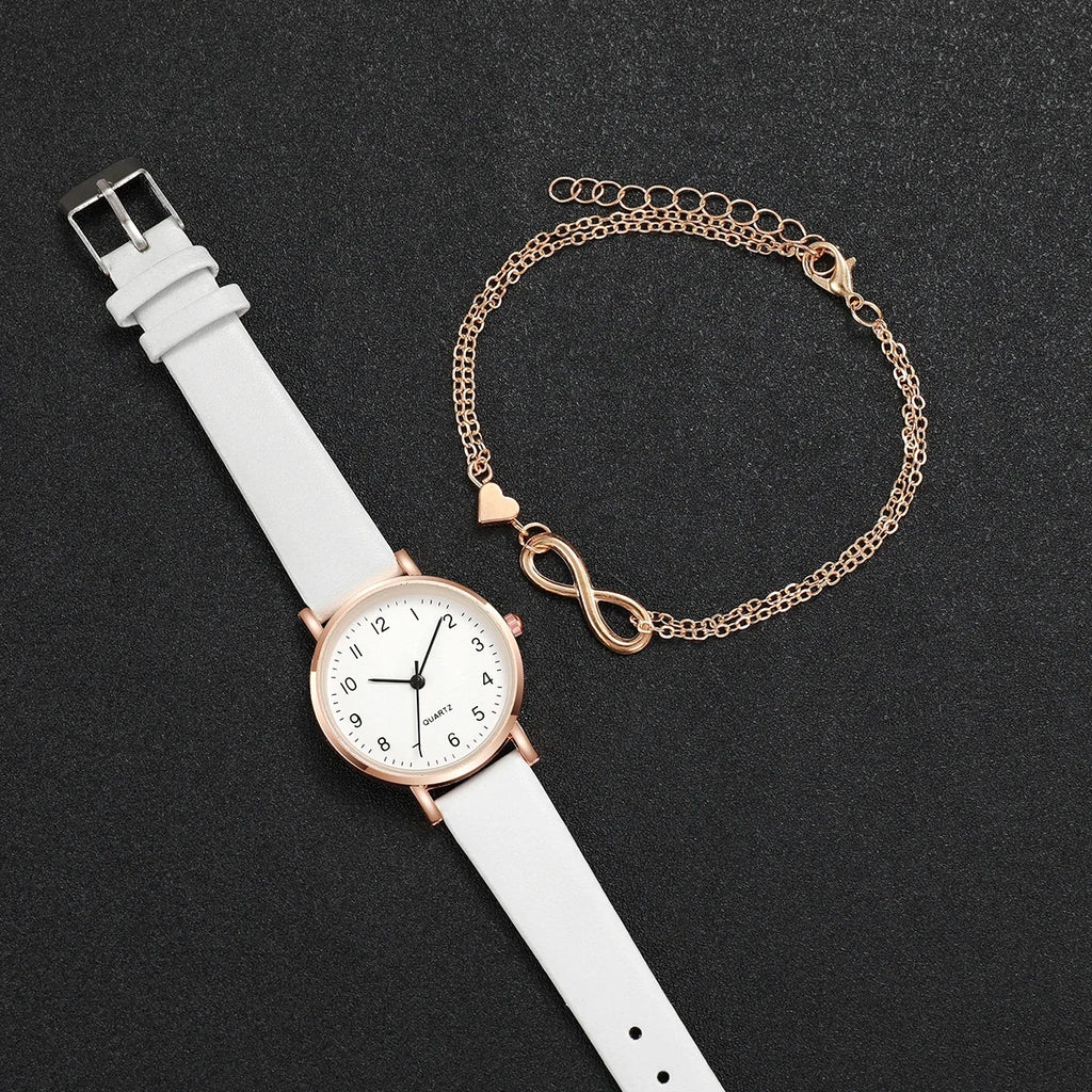 2Pcs Infinity Heart Watch Bracelet Set Women White Leather Round Dial Quartz Wristwatch Rose Gold Charm Bracelet Jewelry Gift Qme