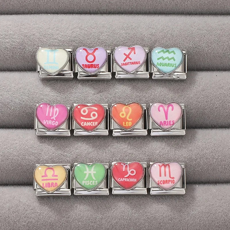 Pink Virgo Yellow Leo Purple Taurus Constellation Italian Charms Fit 9mm Stainless Steel Women Fashion Bracelet DIY Jewelry Gift Qme