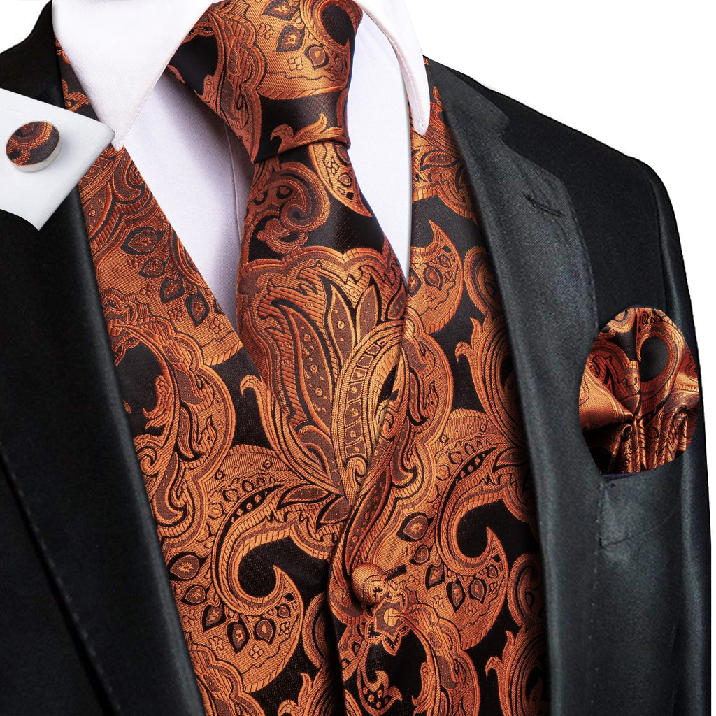 Men's Black Golden Brown Mint Wine Floral Vest & Tie Hanky Cufflinks Set – Formal Waistcoat for Weddings Events Party Gift Qme