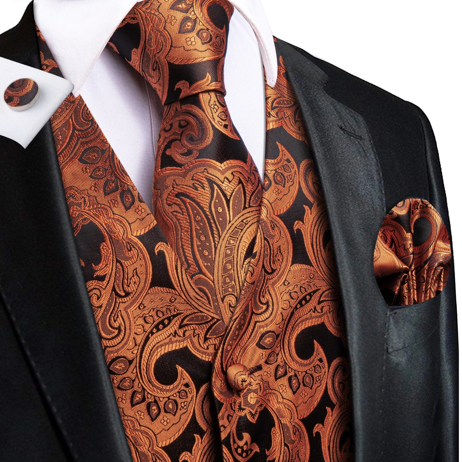 Men's Black Golden Brown Mint Wine Floral Vest & Tie Hanky Cufflinks Set – Formal Waistcoat for Weddings Events Party Gift Qme