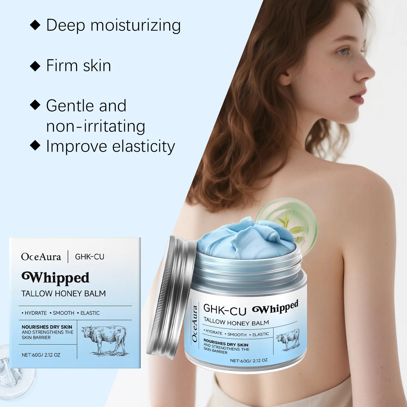 OceAura Whipped Tallow Honey Balm Ghk-Cu Firm Skin Elasticity Enhancement Strengthening Skin Barrier Repair Care Moisturizer 60g Qme
