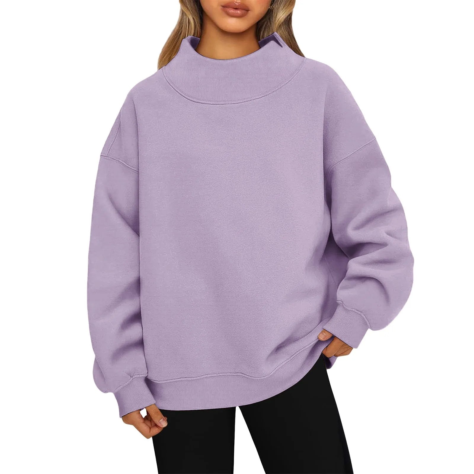 Fashionable Loose High Neck Long Sleeved Solid Color Hoodie for Lady Lazy Style Basic Casual Commuted Pullover Top Qme Purple XXL
