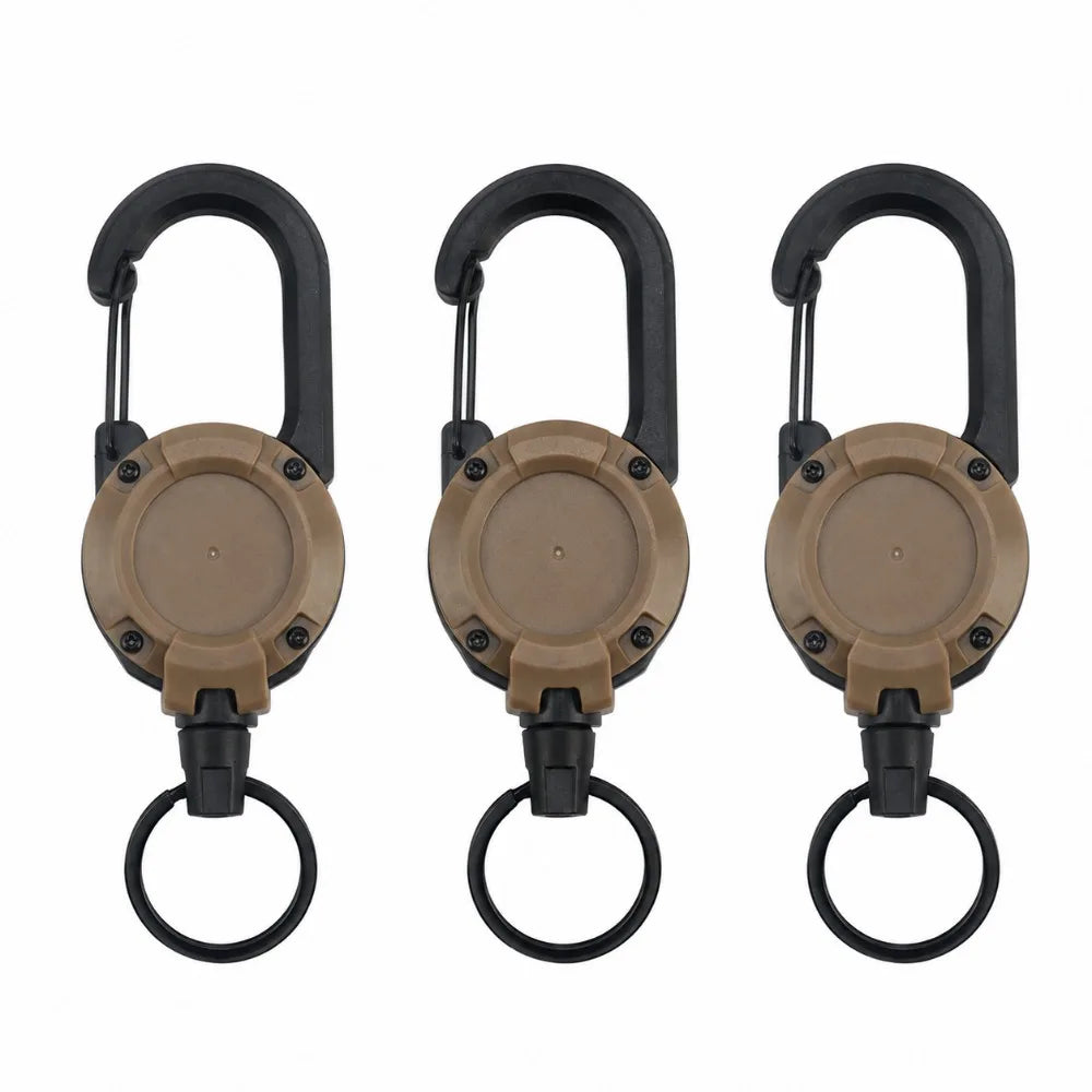 Retractable Heavy Duty Key Reel Carabiner Keychain Strong Steel Wire Rope Spring Buckle Ring For Outdoor Sports Daily Carry Tool Qme Khaki-3 PCS