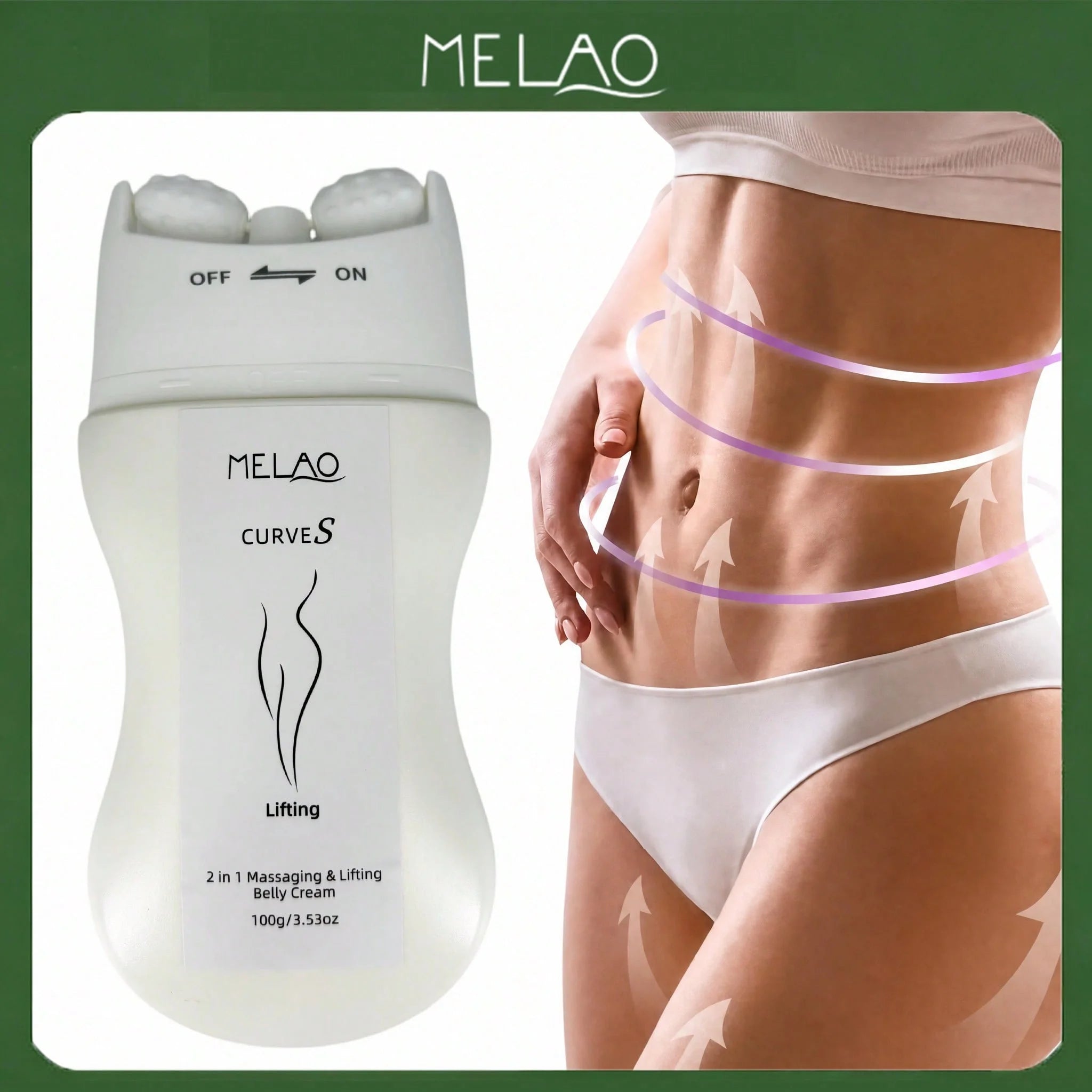MELAO CURVES Lifting Belly Cream 100g with Massage Device, for Tummy Tightening, Skin Firming, Postpartum Care Qme
