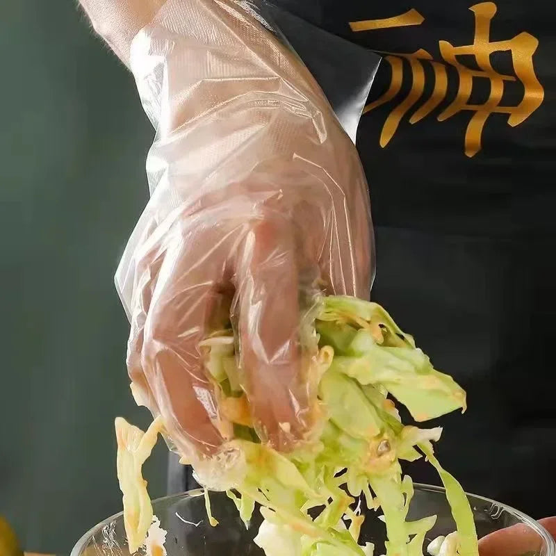 Transparent Disposable Gloves Plastic Waterproof Gloves for Kitchen Restaurant Fried Chicken BBQ Disposable Tableware Wholesale Qme