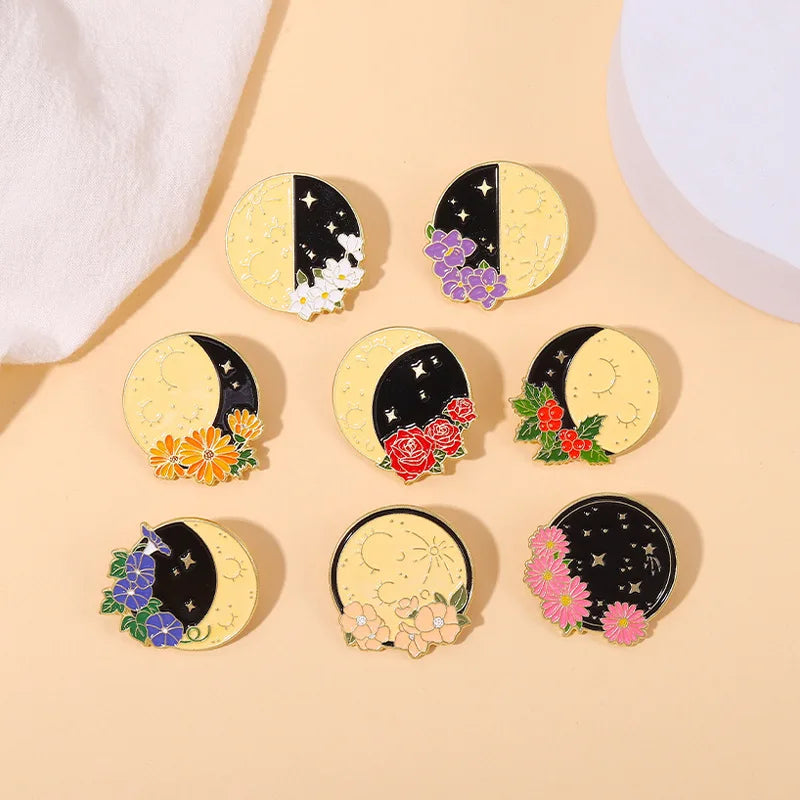 Flower Sun Moon Phase Enamel Pin Metal Badge Daisy Rose Astrology Brooch Lapel Backpack Accessories Jewelry Friends Wholesale Qme