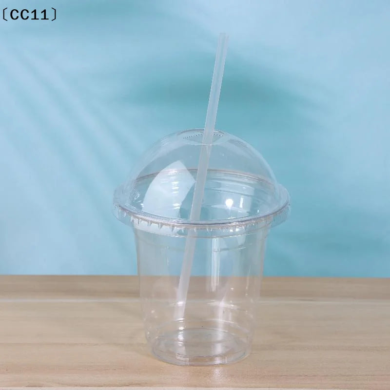 Disposable Clear Plastic Cups Lid 100 Straws Fruit Juice Milk Tea Qme