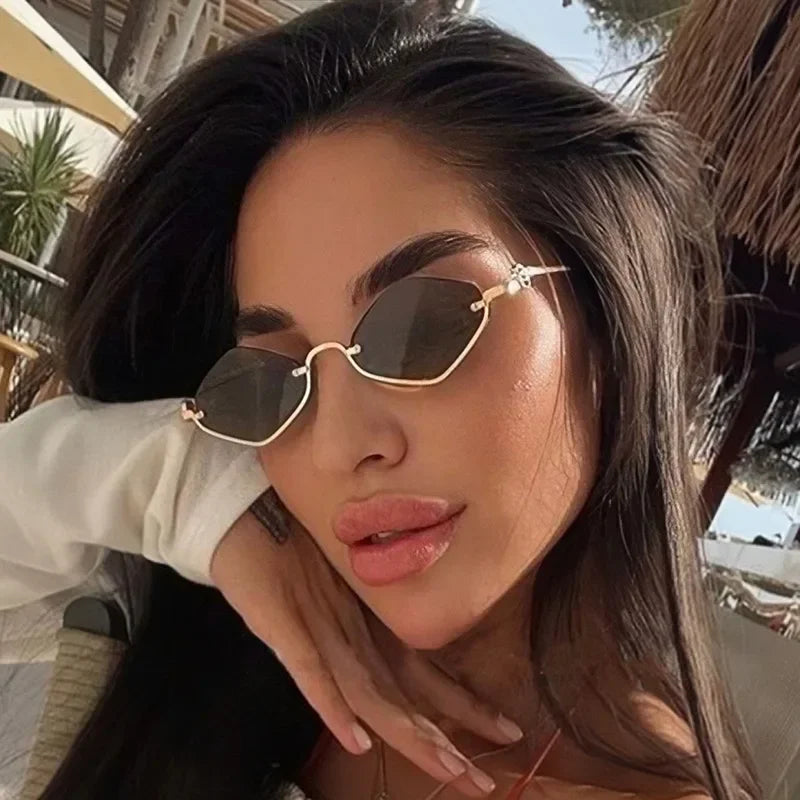 Metal Women Simple Trend Sunglasses New Half Frame Diamond Shaped Dopamine Small Frame Outdoor Sunglasses Qme
