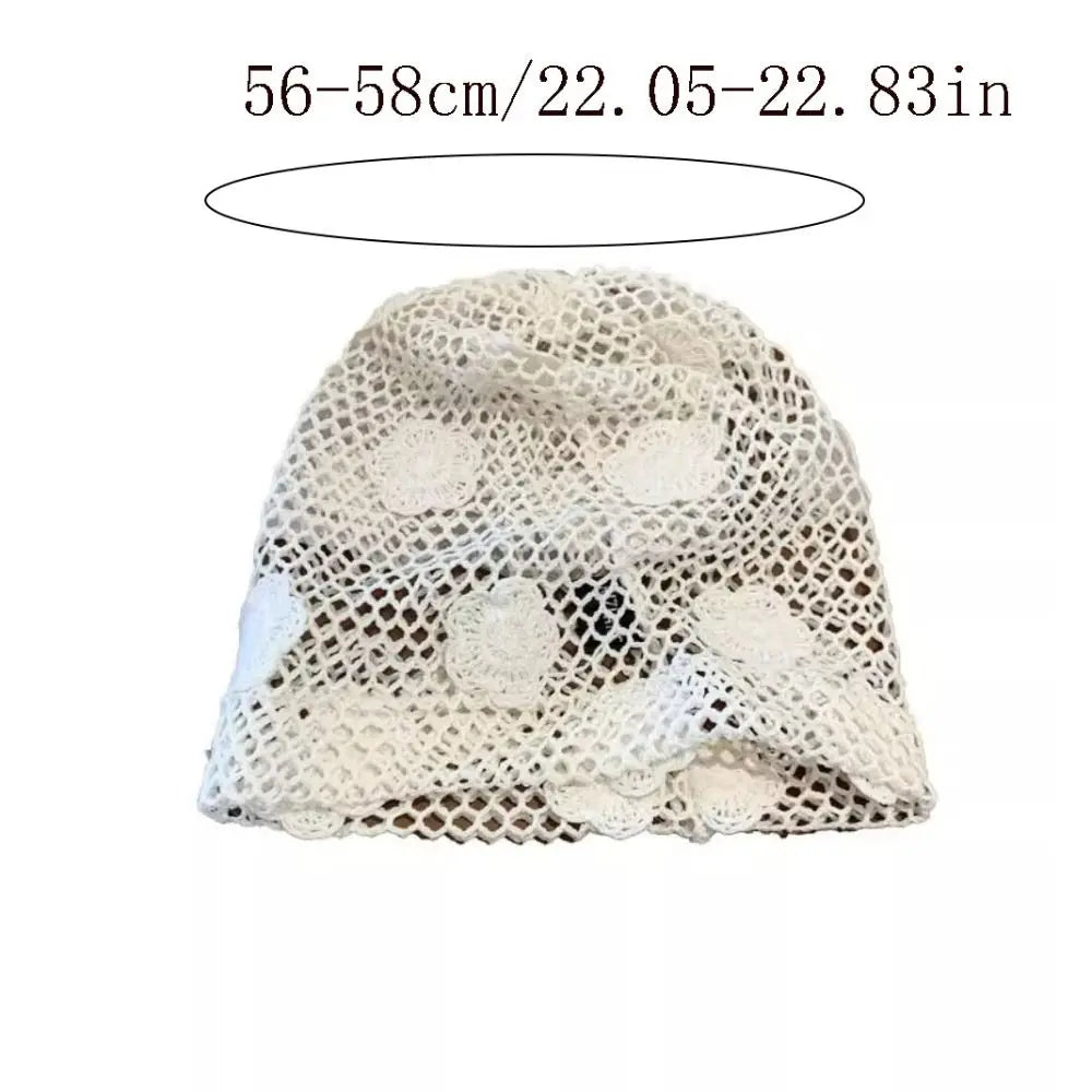 Retro Handmade Crochet Flower Hat Cute Thin Lace Beanies Korean Qme