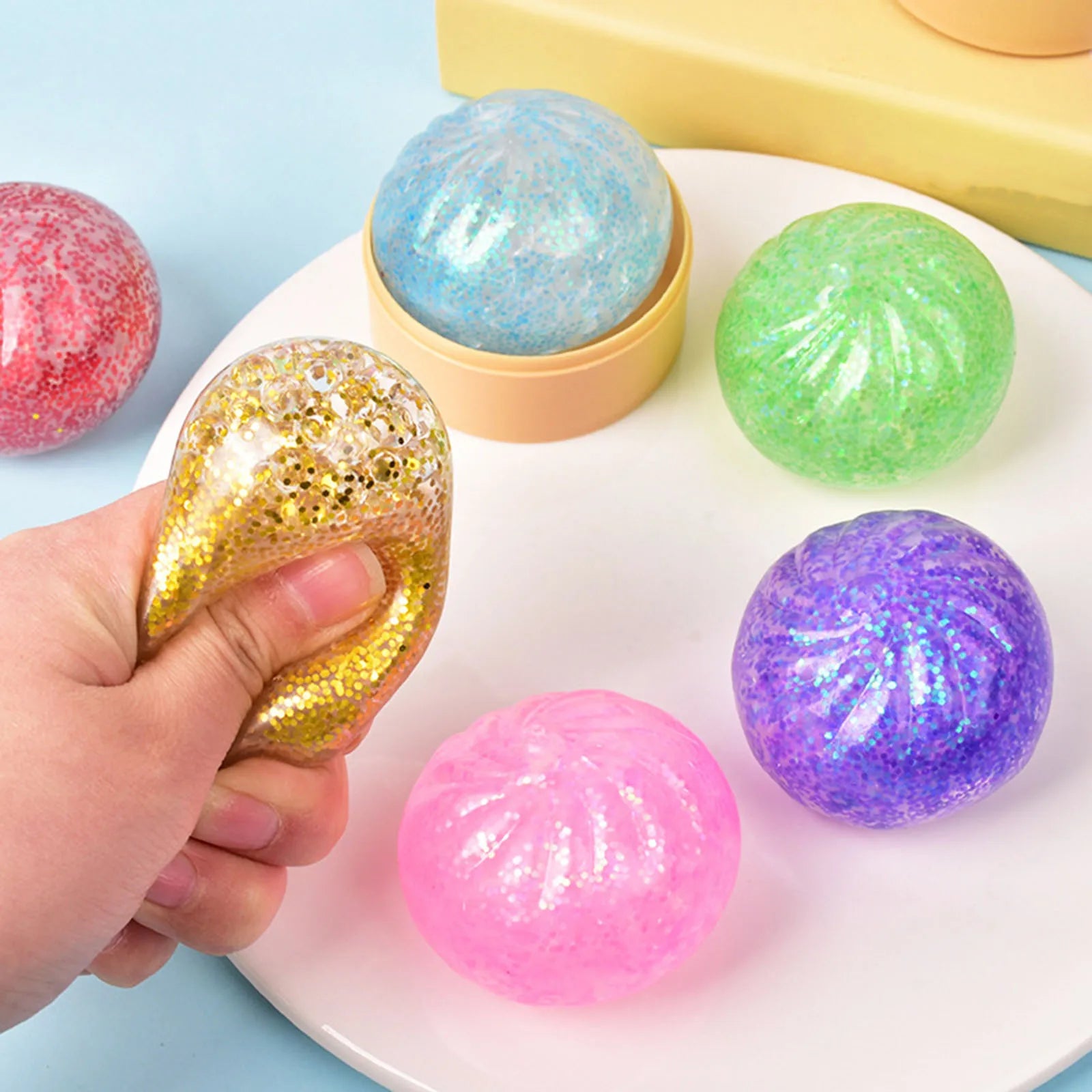 Cute Glitter Dumplings Squishy Toy With Steamer Soft Slow Resilience Toys Stress Relief Sensory Ball Sparkling Relaxation Tool Qme