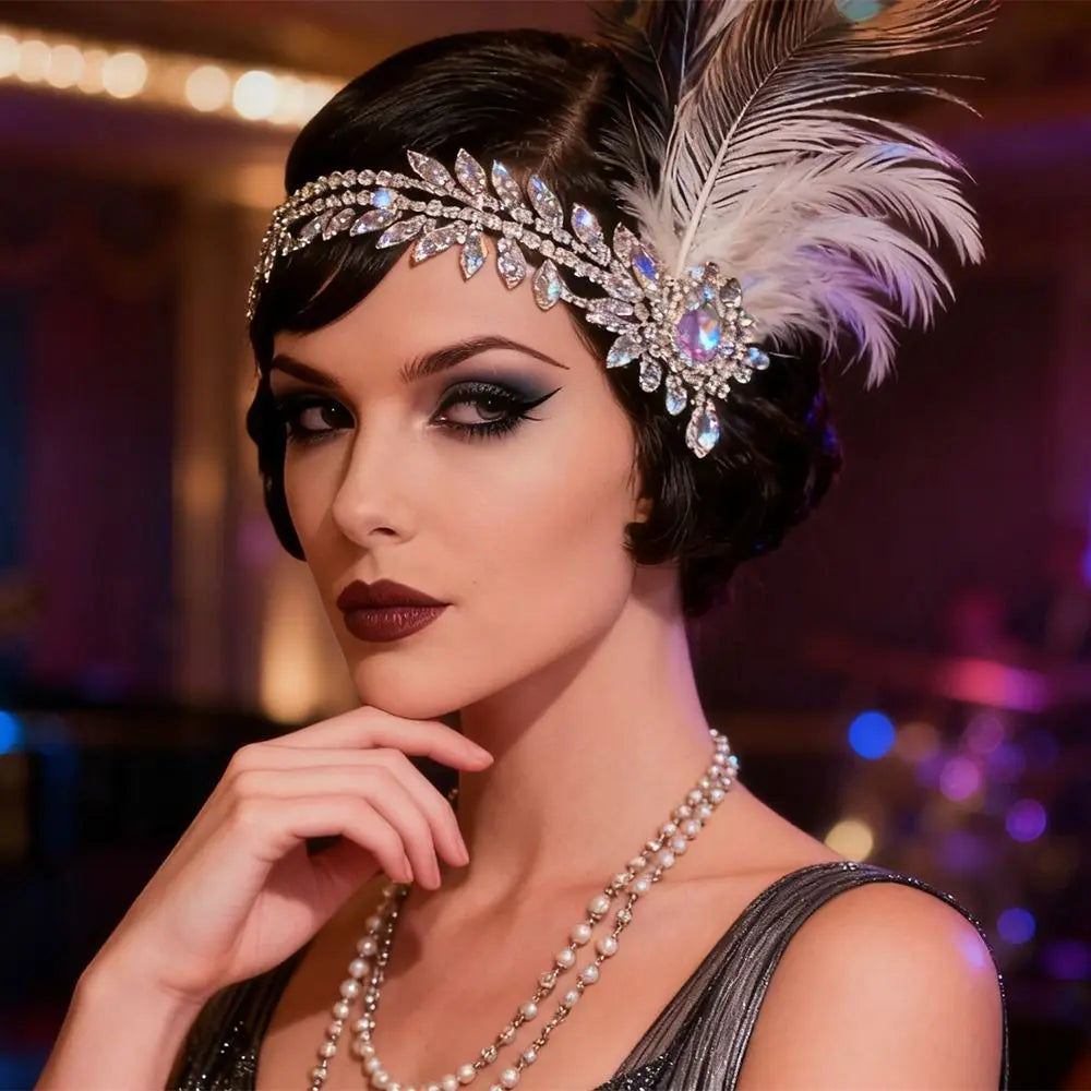 Retro Vintage Feather Headband Sequin Zircon Masquerade Hair Band Tassel Makeup Party 1920s Hair Accessories Bridal Headdress Qme