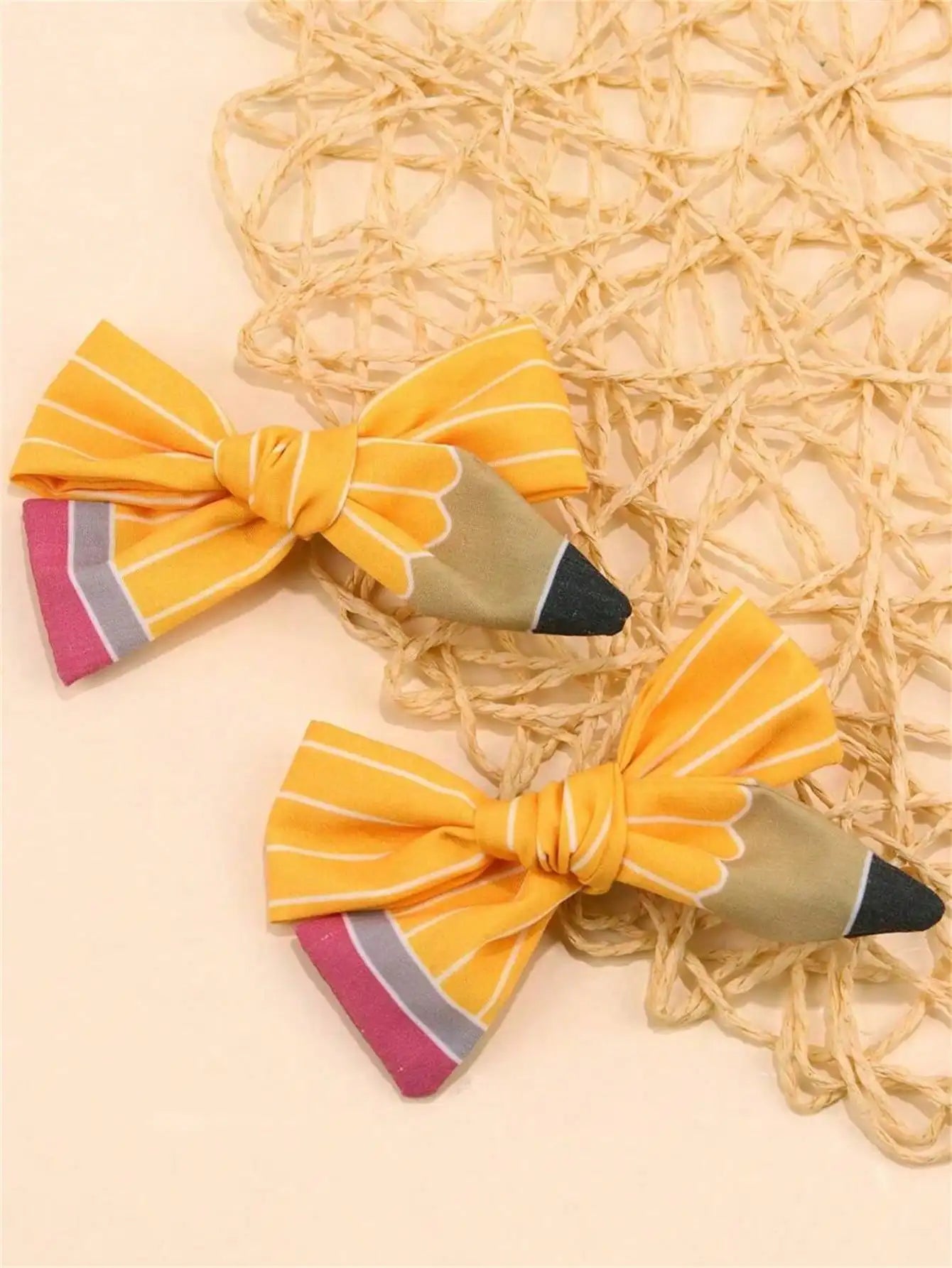 Season Pencil Hair Bow Clips White Line Ponytail Holder Ribbon Qme