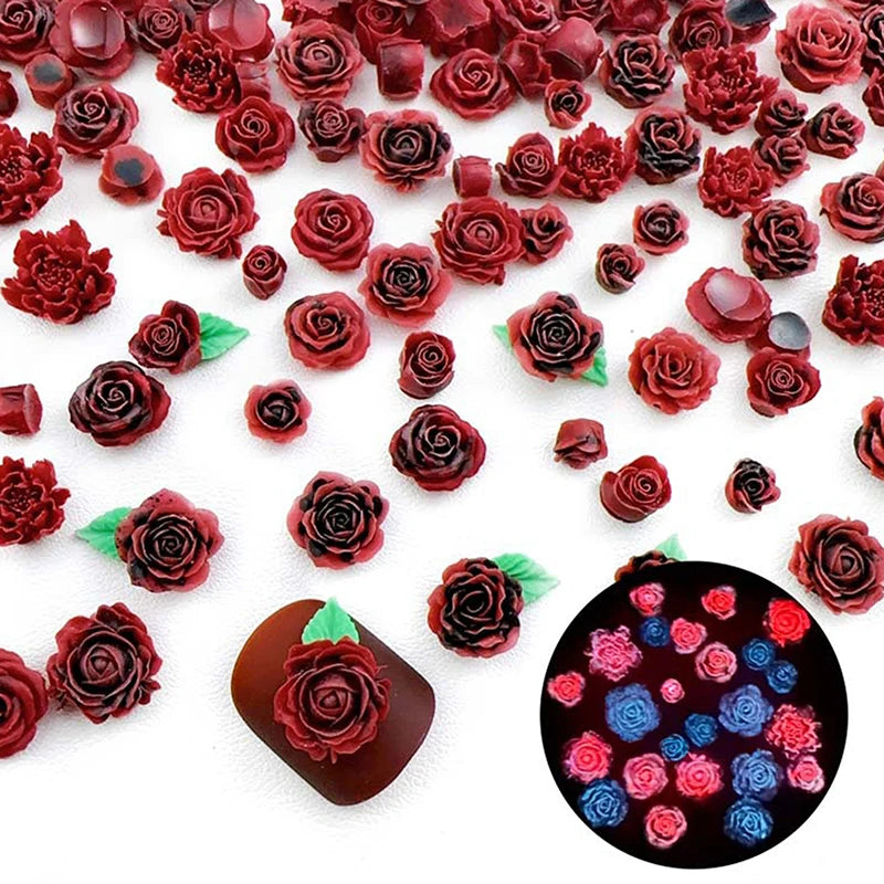Random Mixed Wine Red Rose Nail Art Charms Luminous Flowers Qme