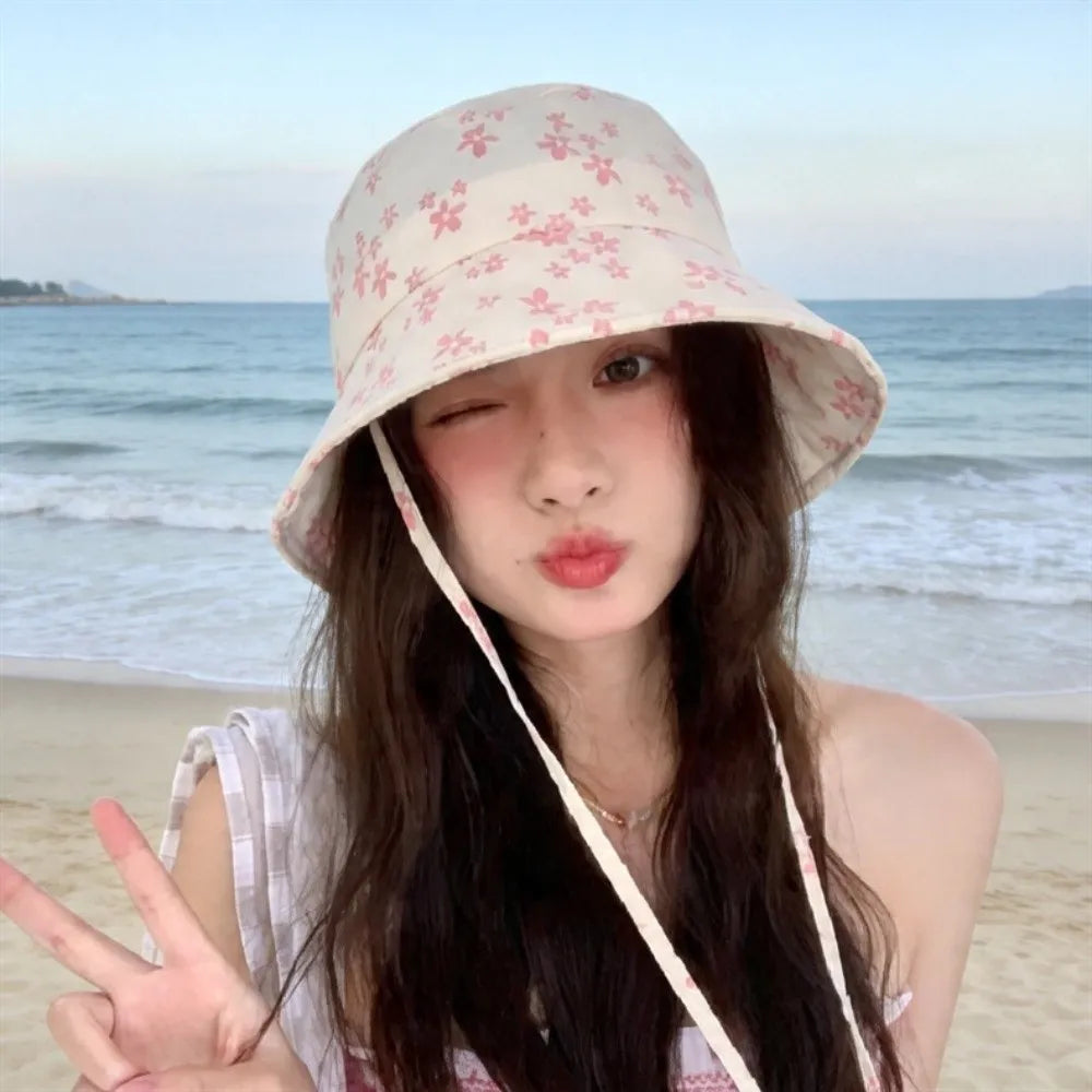 Cute Polyester Floral Print Bucket Hat Double Sided Adjustable Sun Hat Wide Brim Foldable Basin Cap Women Qme