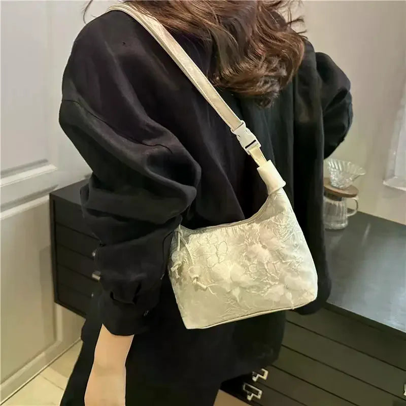 Sweet Embroidery Shoulder Bag Nylon Texture Pearl Pendant Crossbody Small Bucket Handbag For Women Girls Qme