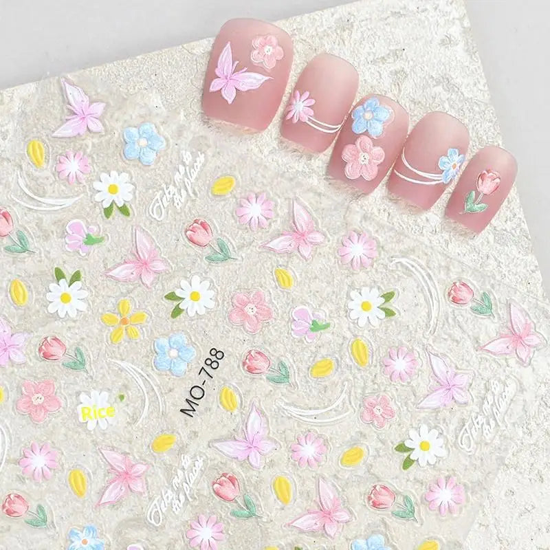 Dopamine Spring Flowers Butterfly Small Tulip Relief 3D Nail Stickers Qme