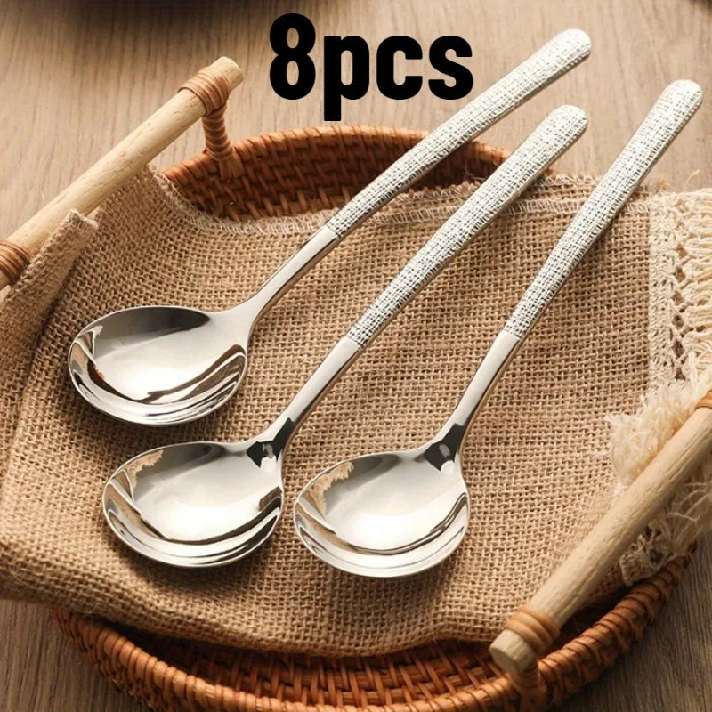 8pcs Stainless Steel Long Handle Spoons, Hammered Texture, Soup Spoons, Tea Spoons, Dessert Spoons, Coffee Spoons Qme Silvery